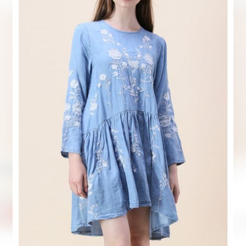 Floryday Blue Chambray Embroidered Drop Waist Dress With Shark-bite Hemline